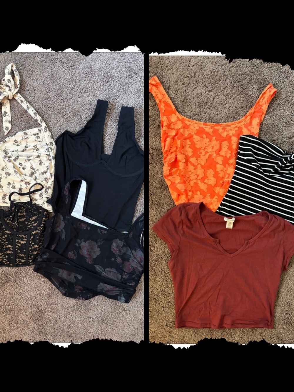 Large Orange Floral Scoop & Rust V-Neck Crop Top Set